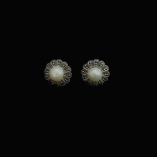 Earring Pearl With Marcasite Flower Set Stud 14mm