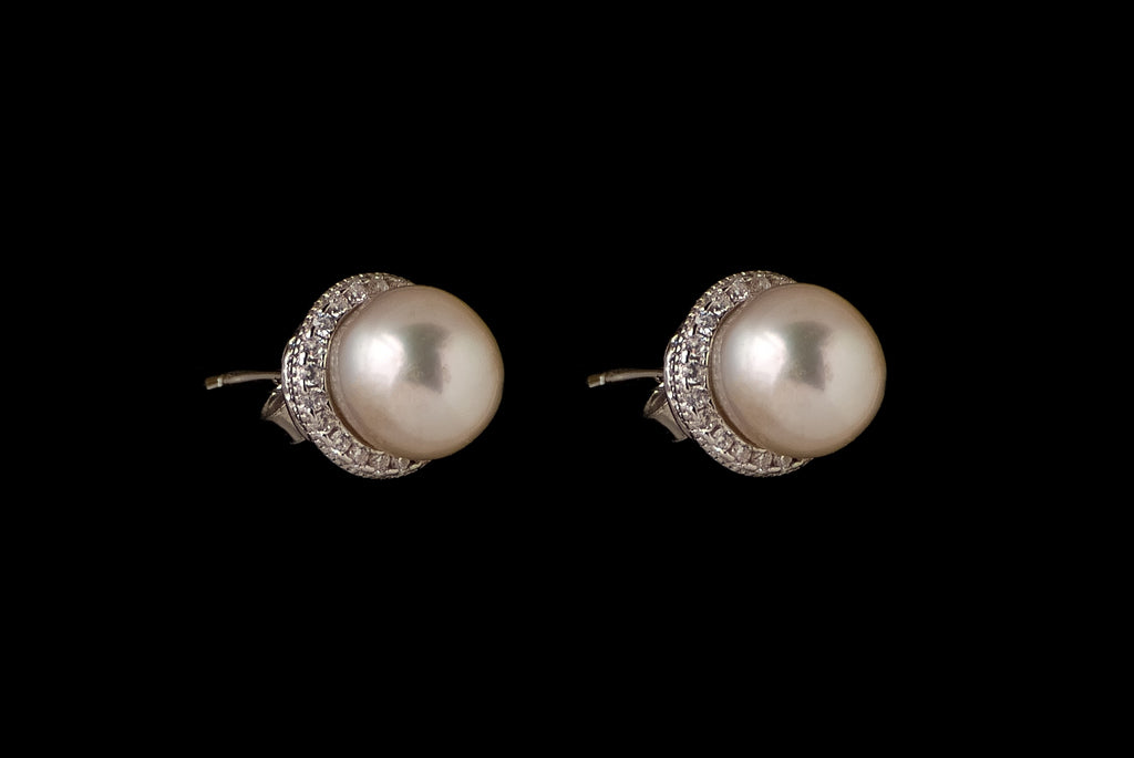 Earring Pearl Stud with Zircon 7-8mm - Bambu Silver Jewellry