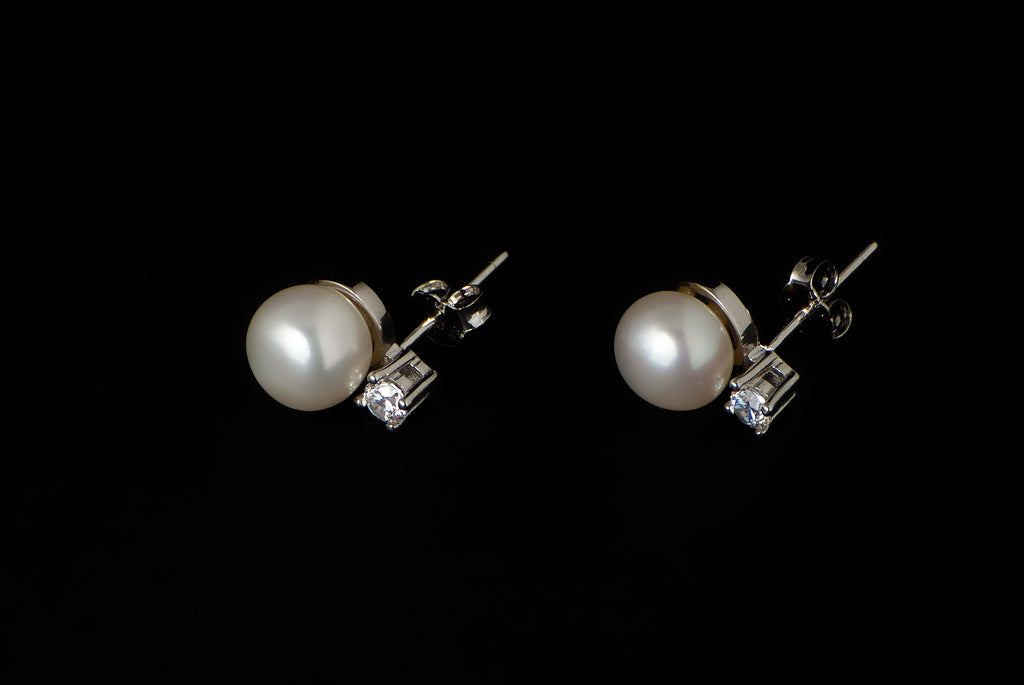 Earring Pearl Stud Allan with Zircon 7mm - Bambu Silver Jewellry