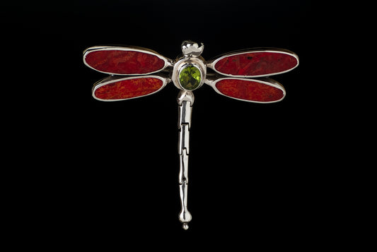 Pendant Brooch Dragonfly Moving with Coral 5.5cm